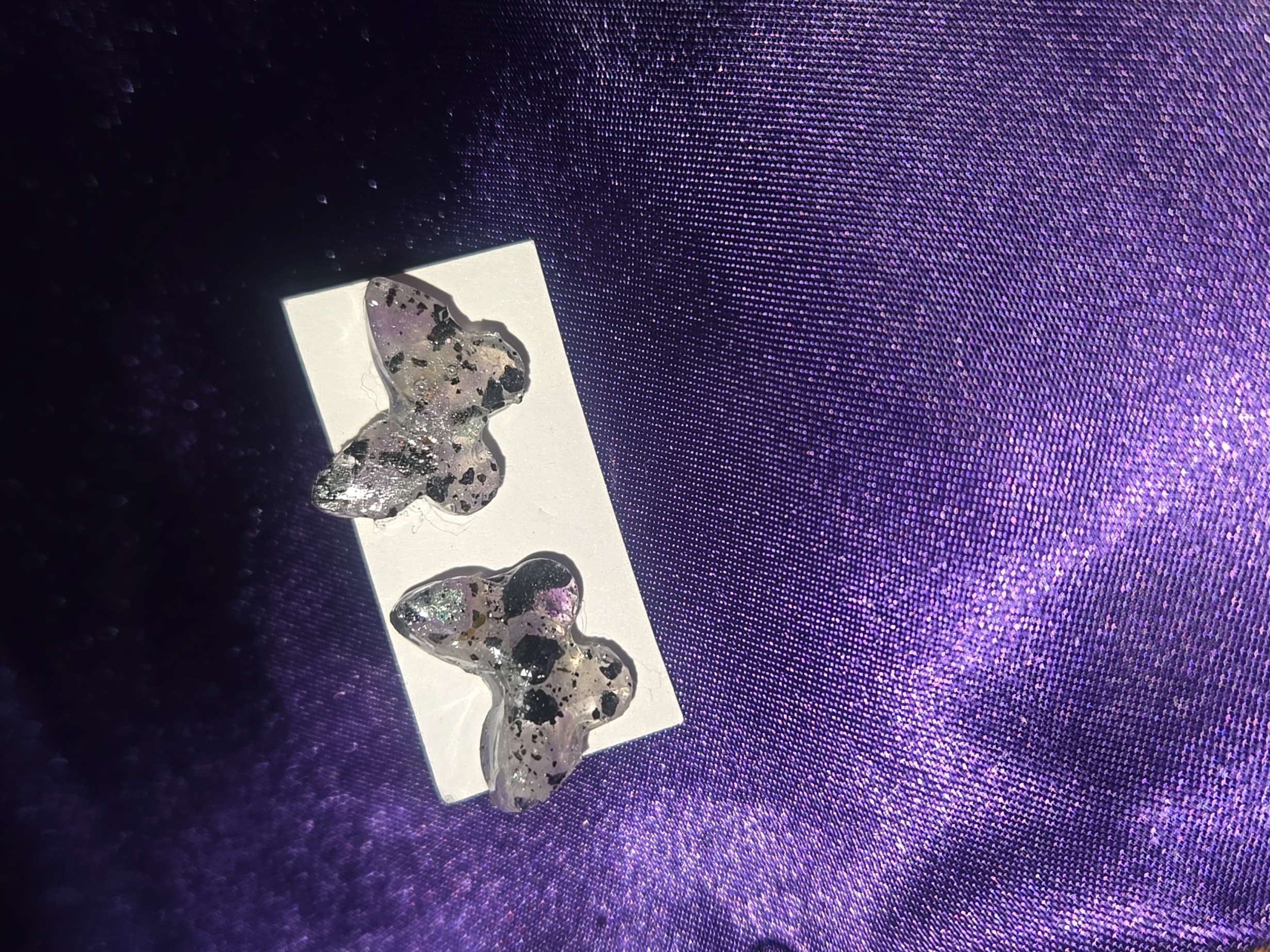 Butterfly Resin Stud Earrings In Purple With Black And Gold Flecks Amethyst